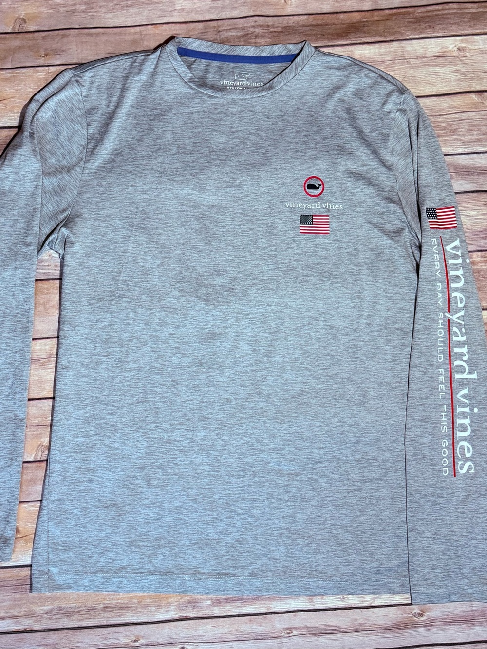 Vineyard Vines Gray Long-Sleeve Performance Tee with American Flag Accent